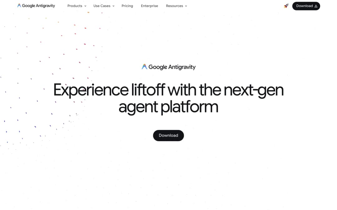Google Antigravity homepage with the headline Experience liftoff with the next-gen agent platform
