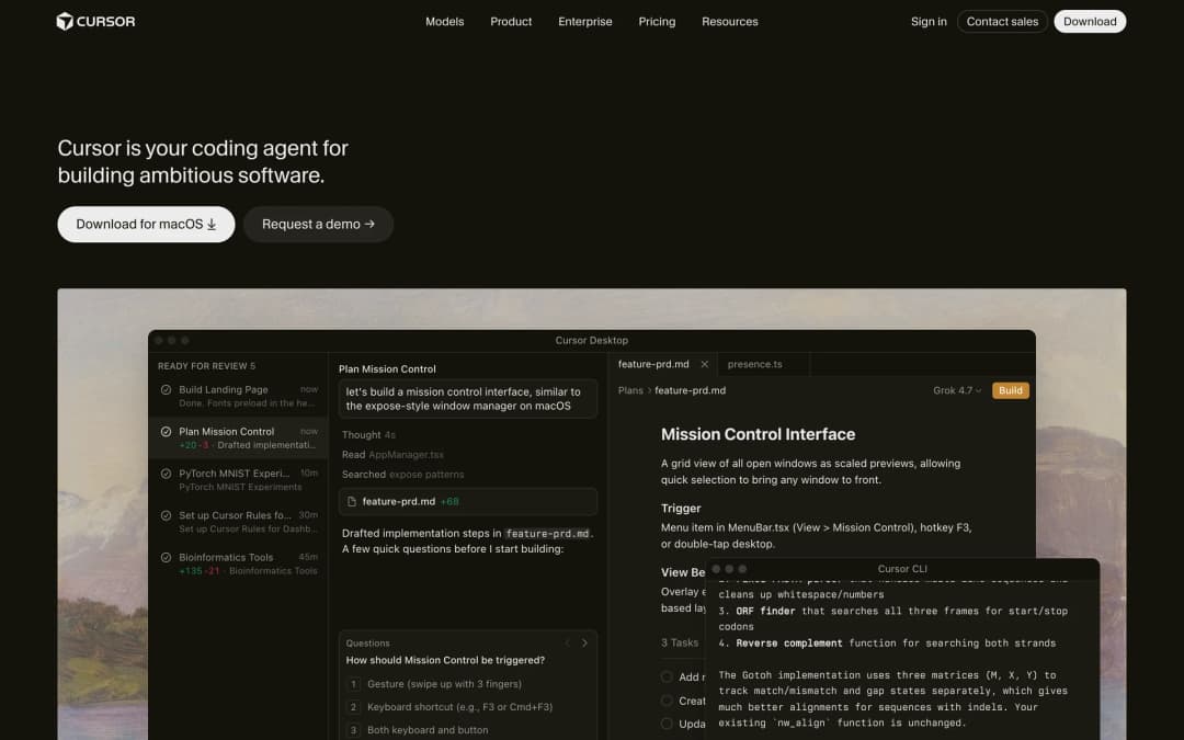 Cursor homepage showing the Cursor Desktop app with a list of agents, under the headline Cursor is your coding agent for building ambitious software