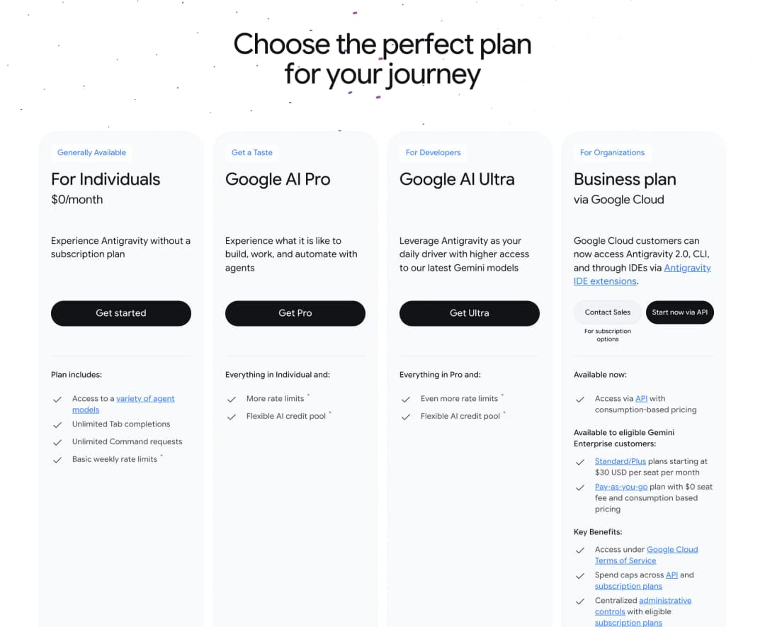 Google Antigravity pricing page with four plans: a $0 plan for individuals, Google AI Pro, Google AI Ultra and a Business plan via Google Cloud