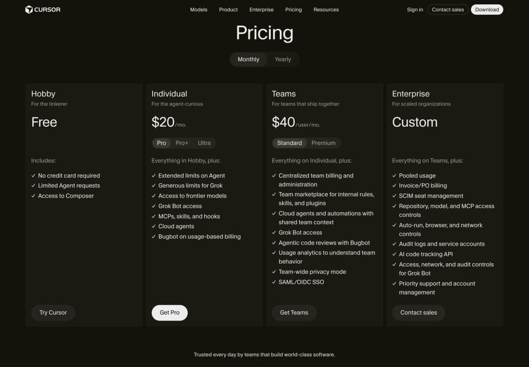 Cursor pricing page with four plans: Hobby is free, Individual is $20 a month, Teams is $40 per user and Enterprise is custom