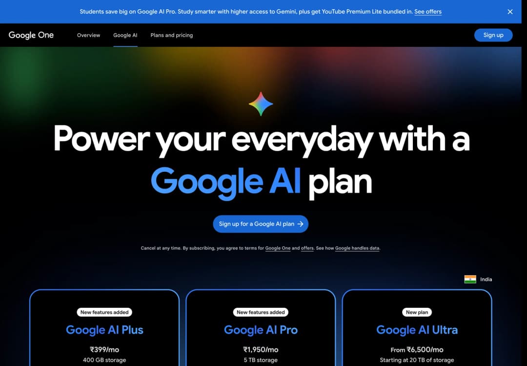 Google One page with India prices: Google AI Plus ₹399, Google AI Pro ₹1,950 and Google AI Ultra from ₹6,500 a month