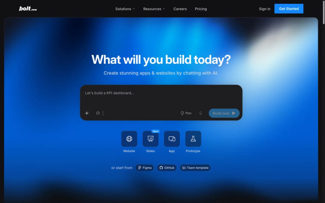 Bolt homepage asking What will you build today, with a prompt box and buttons for Website, Slides, App and Prototype
