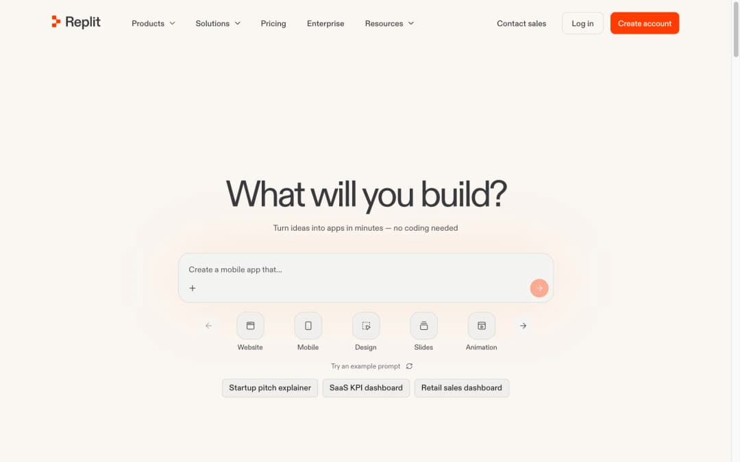 Replit homepage asking What will you build, with the line Turn ideas into apps in minutes, no coding needed
