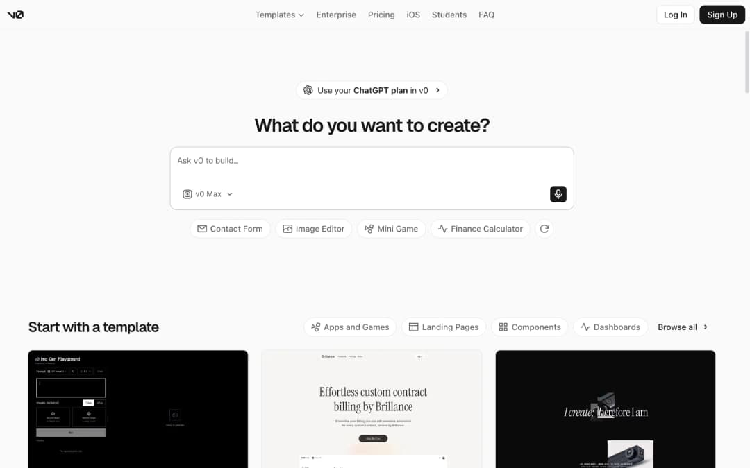 v0 by Vercel homepage asking What do you want to create, with a prompt box and app templates below