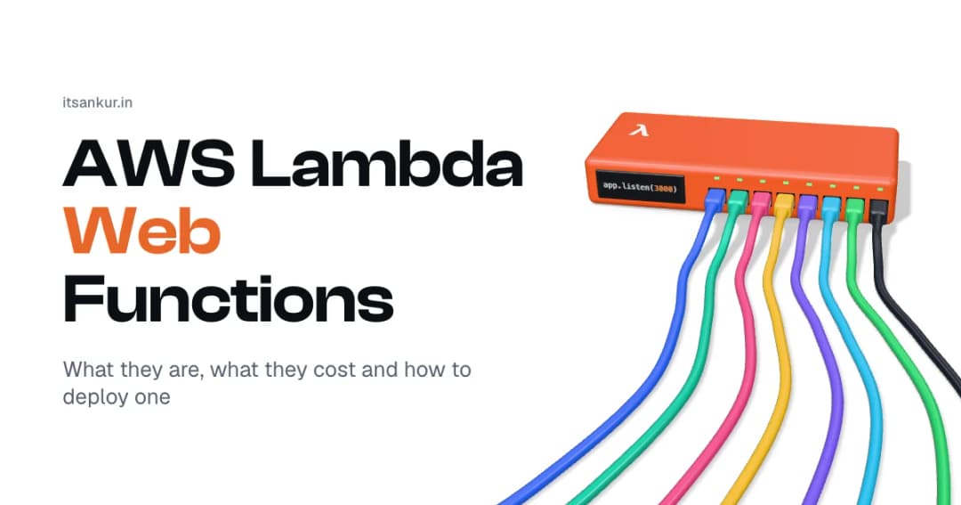 AWS Lambda Web Functions: a glossy orange network switch with a lambda on top, app.listen(3000) on its screen and a bright cable plugged into every port