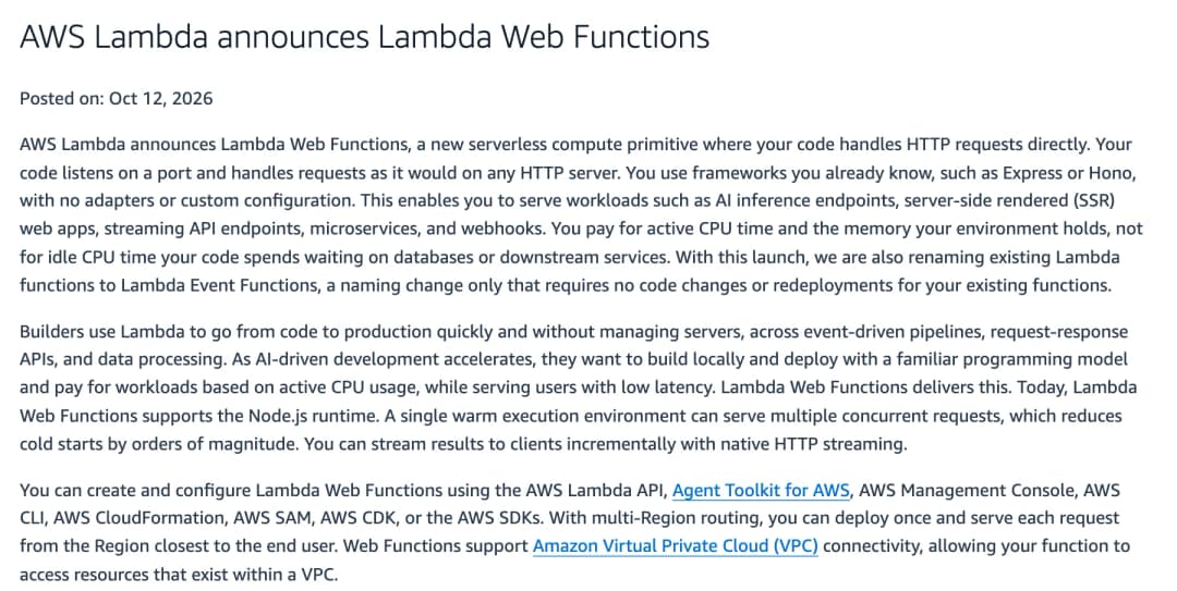 AWS What's New post, AWS Lambda announces Lambda Web Functions, posted October 12, 2026