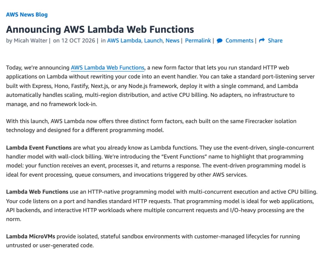 The AWS News Blog post Announcing AWS Lambda Web Functions, explaining Event Functions, Web Functions and MicroVMs